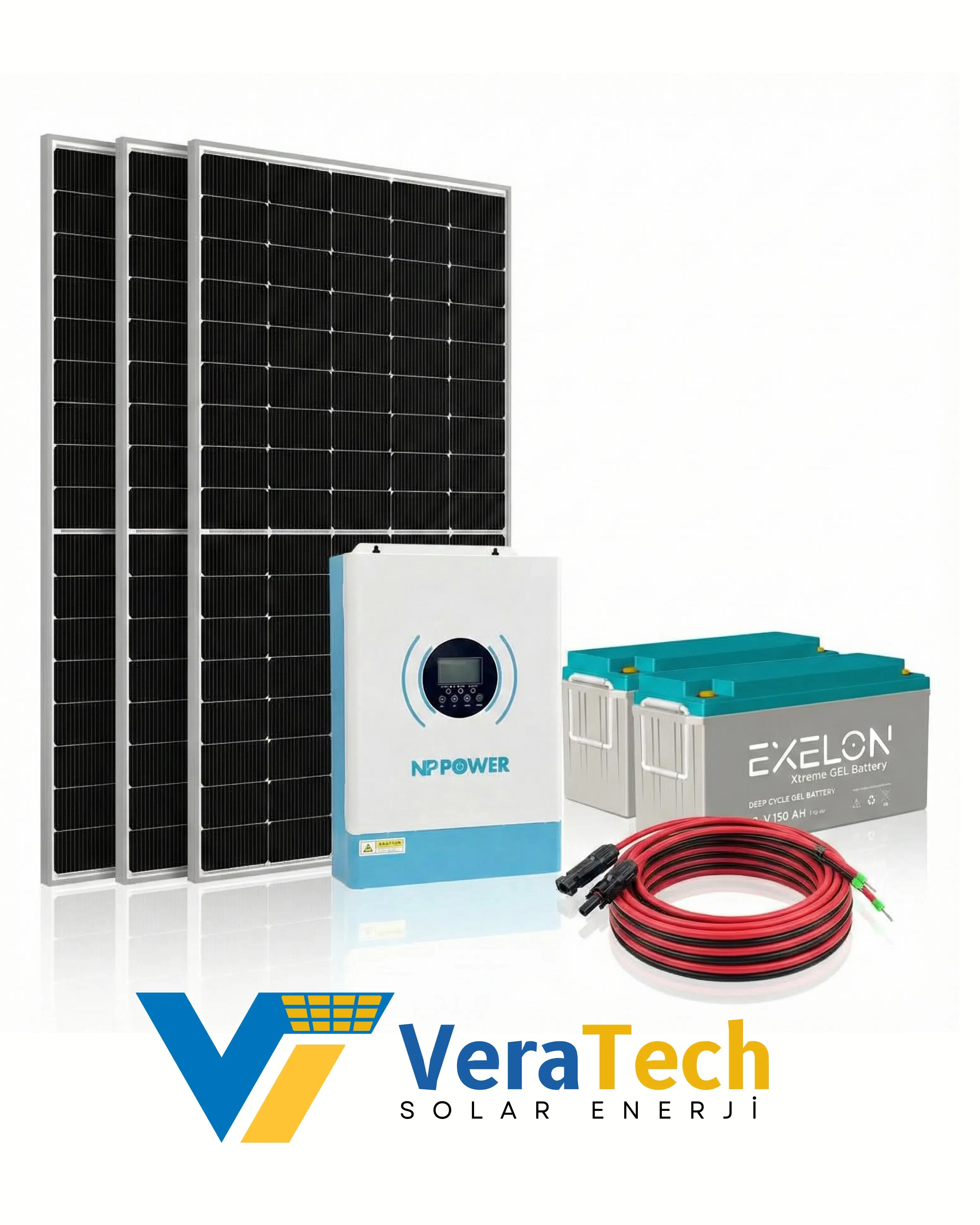 VeraTech Solar Enerji Bağ Evi Paketi 3KVA İnverter 1250W Güneş Paneli 300AH Jel Akü